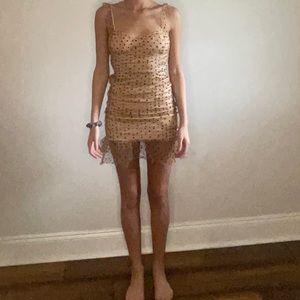 pretty little thing tan dress with black polka dots